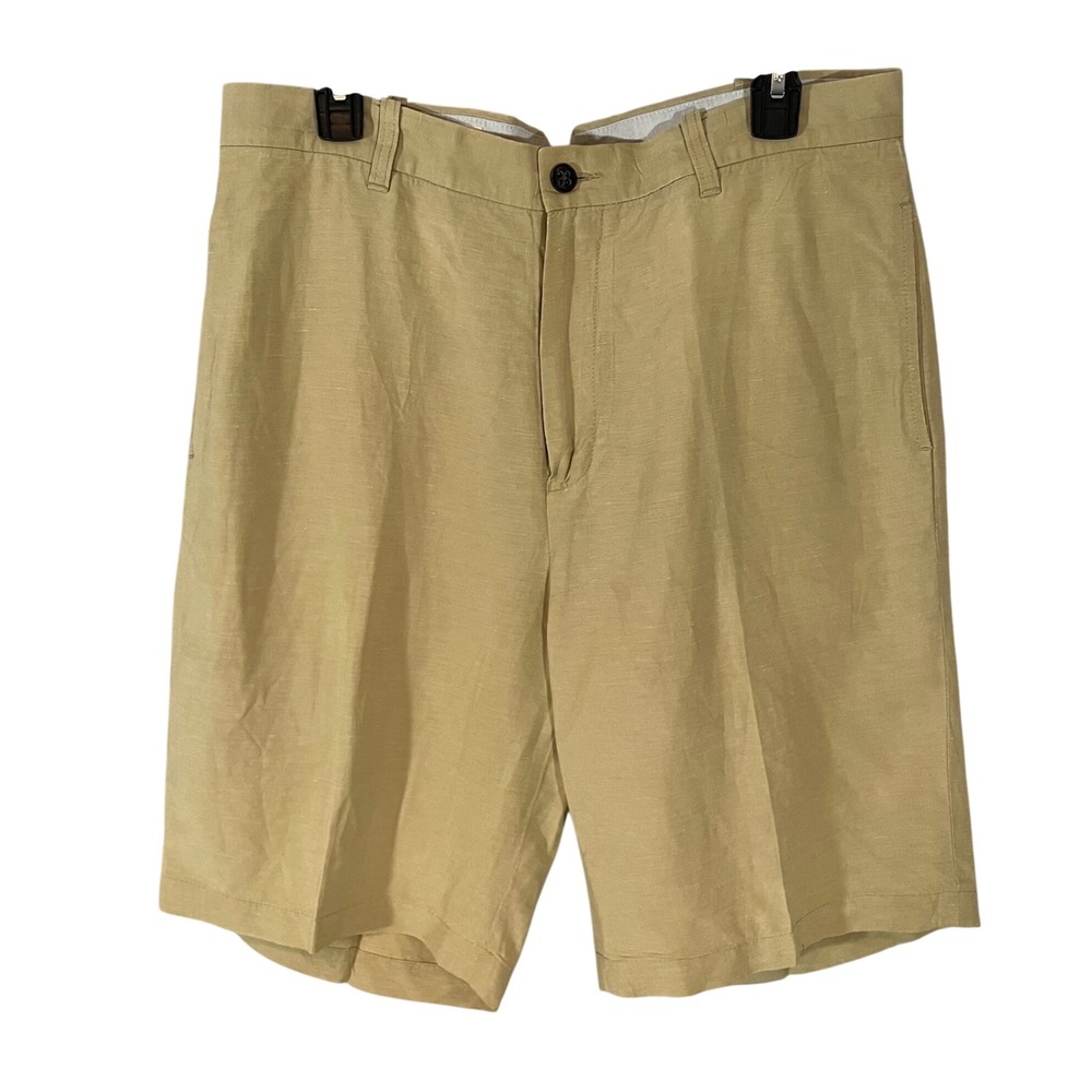 Trevero Mens Silk Linen Shorts Khaki Tan Flat Front Quiet Luxury Sz 34 Classic‎